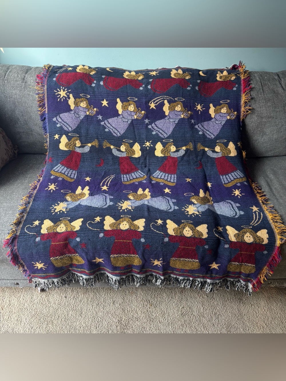 Fringed Tapestry Woven Throw Blanket Christmas Angels Blue Red Grandma Core